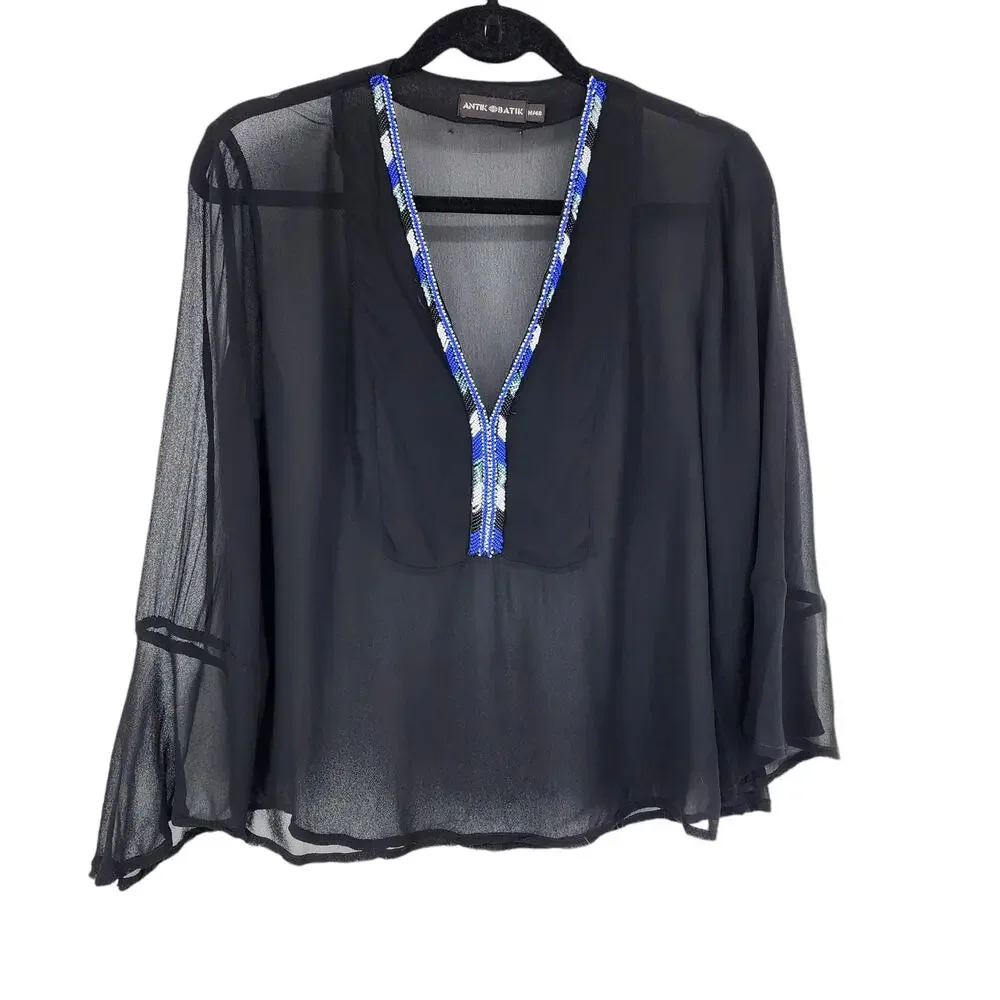 Antik Batik Black Chiffon Beaded V-Neck Long Sleeve Bohemian Blouse Size Medium